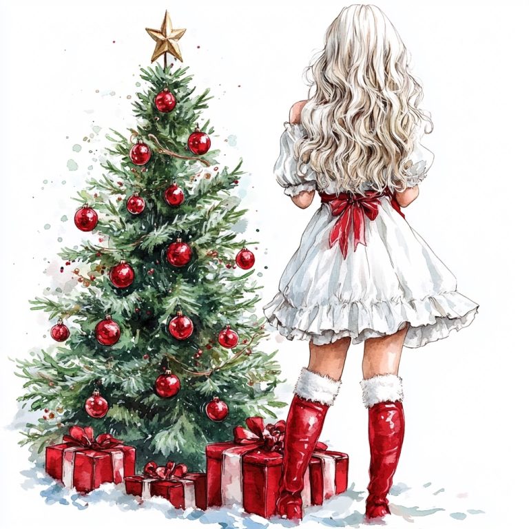 Photorealistic Christmas Girl Decorating Tree