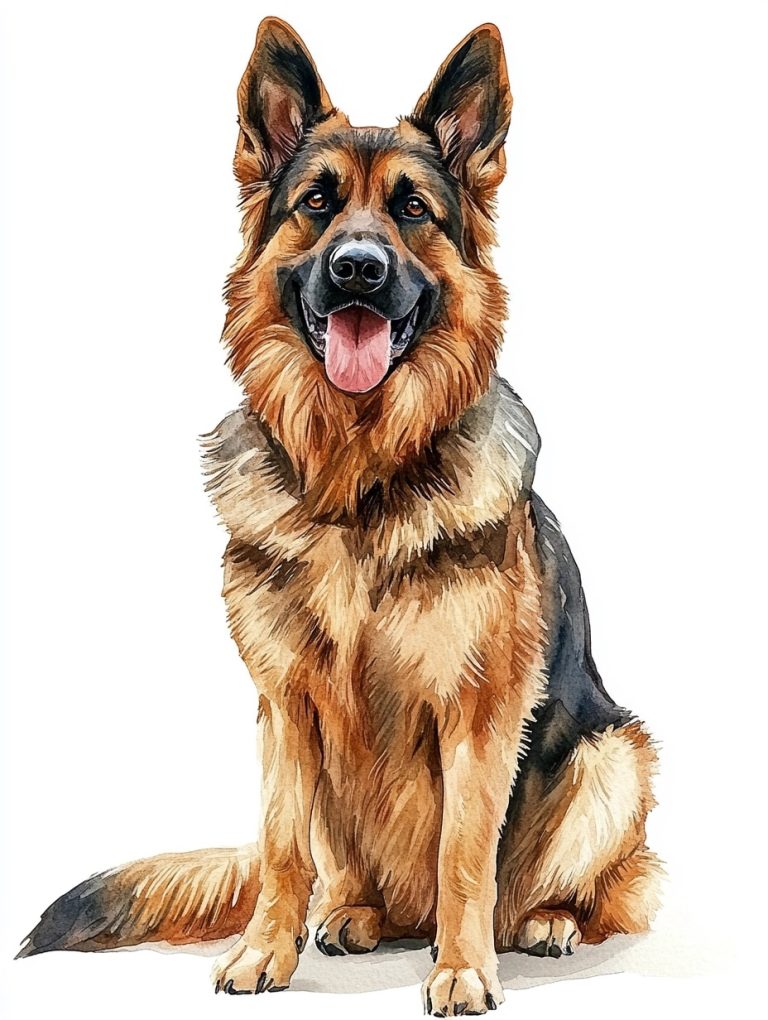 Playful German Shepherd in Watercolor Full Body Portrait with Tongue Out on a Crisp White Canvas