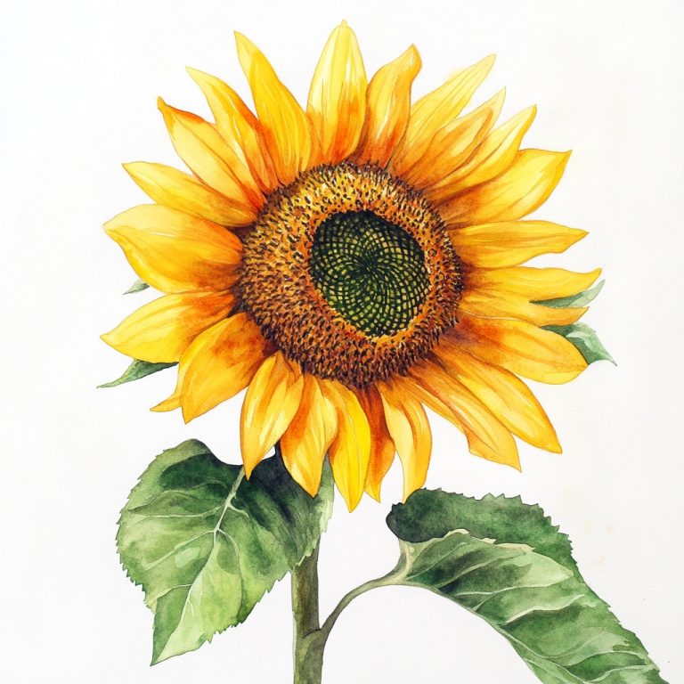 Radiant Sunflower Blossom A Watercolor Delight on Crisp White Canvas