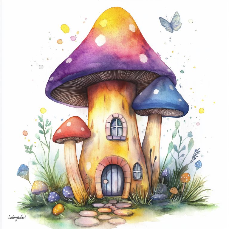 Rainbow Watercolor Mushroom House