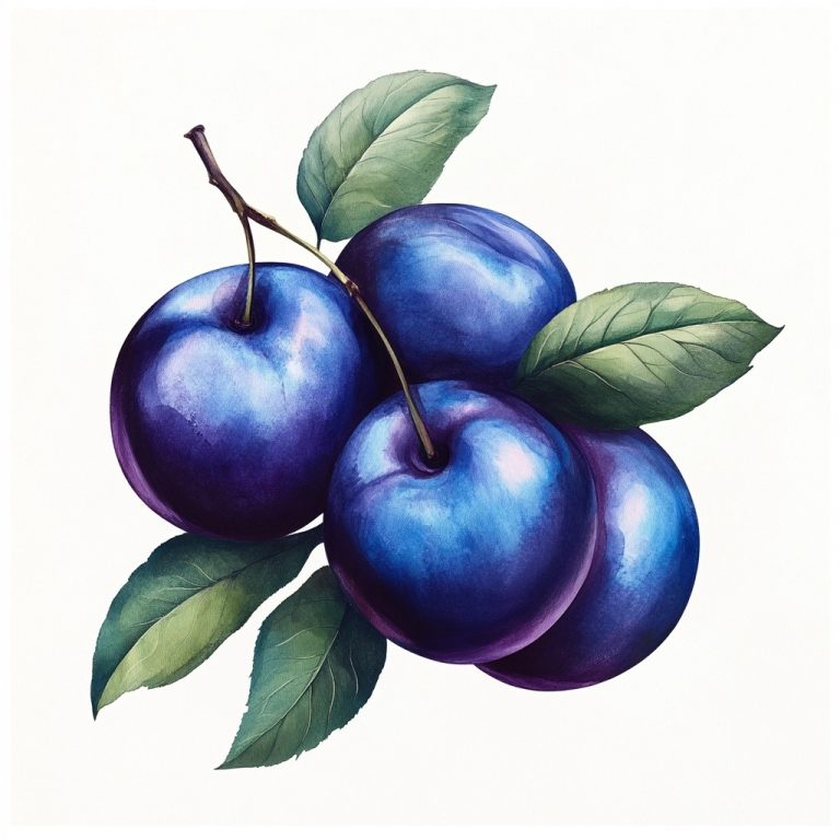 Realistic Blue Plums and Leaves