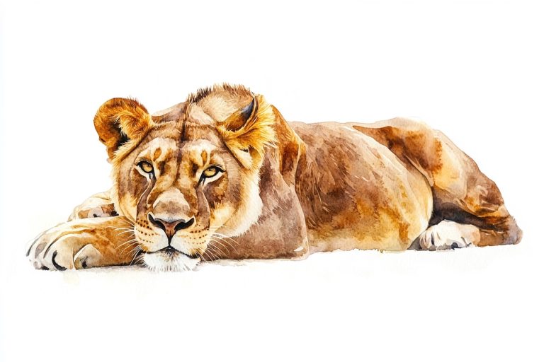 Serene Lioness in Contemplation A Watercolor Portrait on a Crisp White Canvas