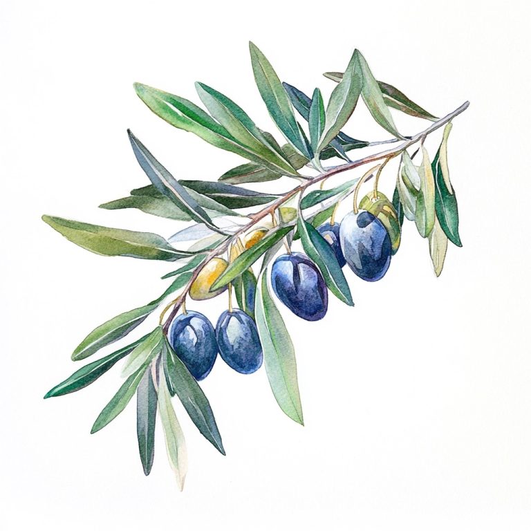 Serene Watercolor Composition Olive Branch with Navy Blue Fruits on a Soft White Canvas