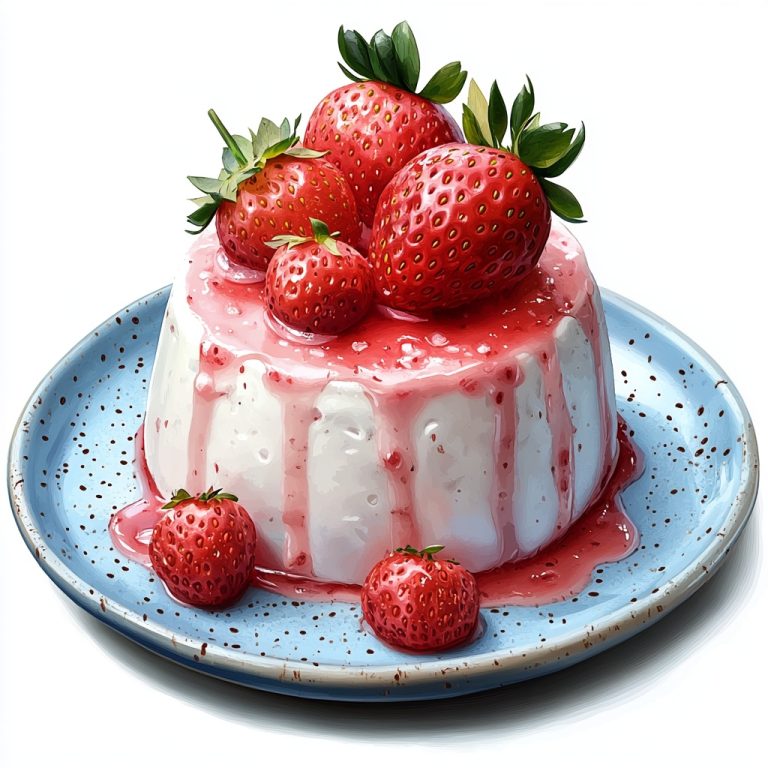 Strawberry Pudding on Blue Plate