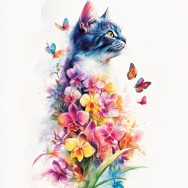 Tattooed Cat Watercolor Illustration