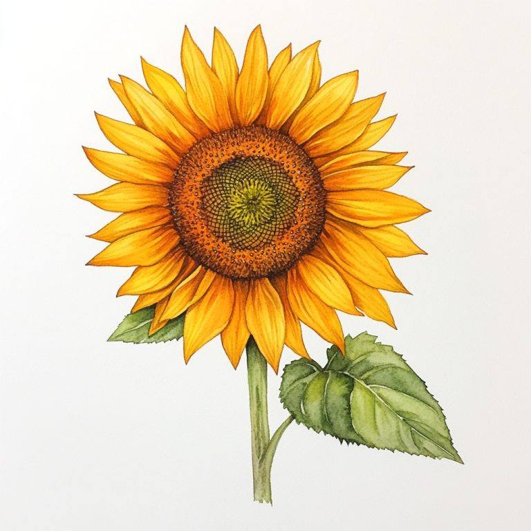 Vibrant Elegance A Lifelike Watercolor Portrait of a Sunflower Against a Crisp White Canvas