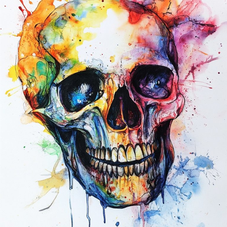 Vibrant Skull Watercolor Ink