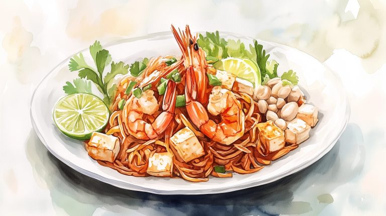 Vibrant Watercolor Delight A Culinary Canvas of Shrimp and Tofu Pad Thai with Peanuts and Lime scaled