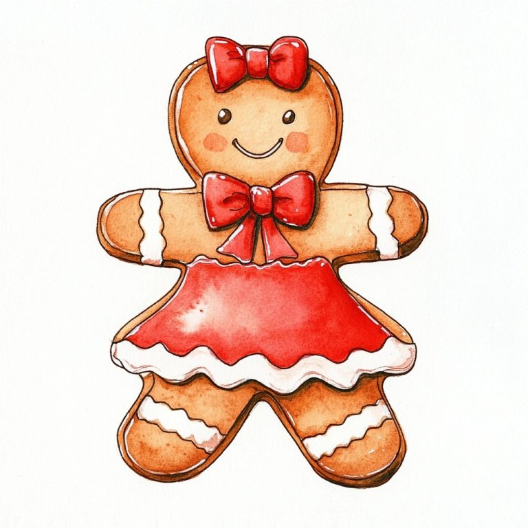 Vibrant Watercolor Gingerbread Cookie Adorned in Red Icing and Bow Against a Crisp White Canvas