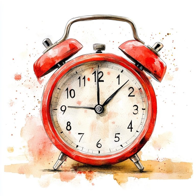 Vibrant Watercolor Illustration of a Red Alarm Clock on a Clean White Canvas