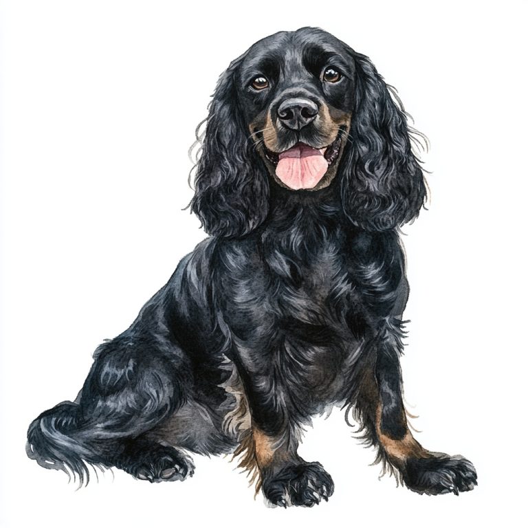 Vibrant Watercolor Portrait of a Cheerful Black American Cocker Spaniel Against a Crisp White Canvas