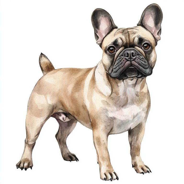 Vibrant Watercolor Portrait of a Full Body Standing French Bulldog Against a Crisp White Canvas