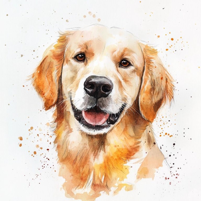 Vibrant Watercolor Portrait of a Golden Retriever Against a Crisp White Canvas