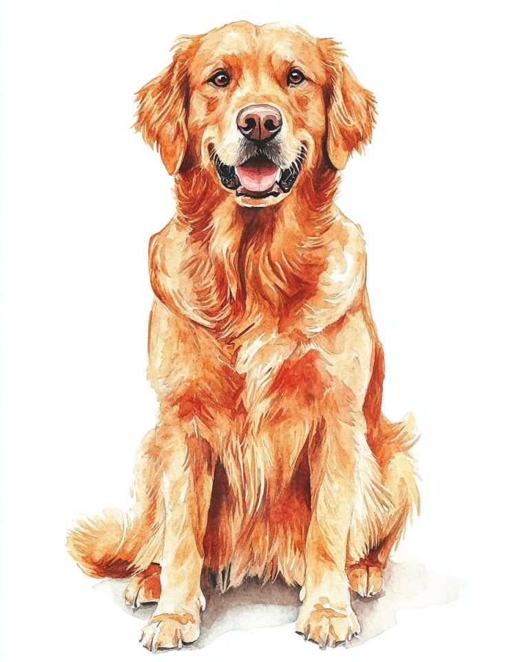 Vibrant Watercolor Portrait of a Golden Retriever in Rich Red Hues Against a Minimalist White Canvas