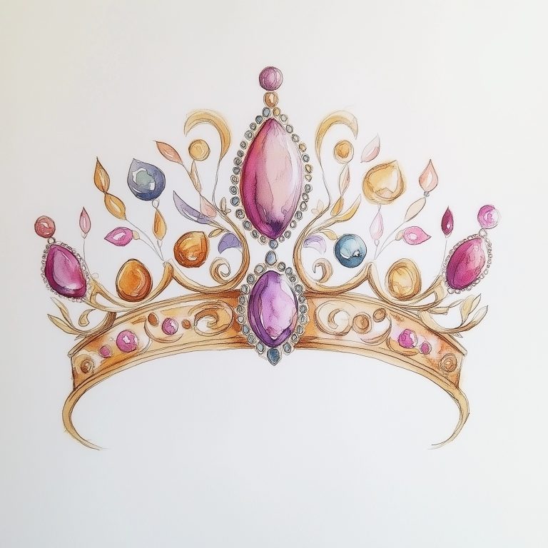 Vibrant Watercolor Princess Crown Adorned with Colorful Gems on a Crisp White Canvas