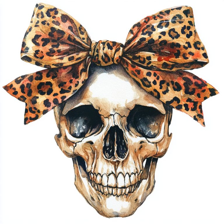 Vibrant Watercolor Skull Adorned with a Bold Leopard Print Bow on a Crisp White Canvas