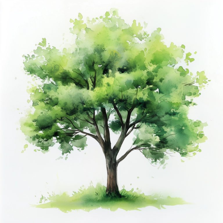 Vibrant Watercolor Tree with Lush Green Foliage Against a Pristine White Canvas