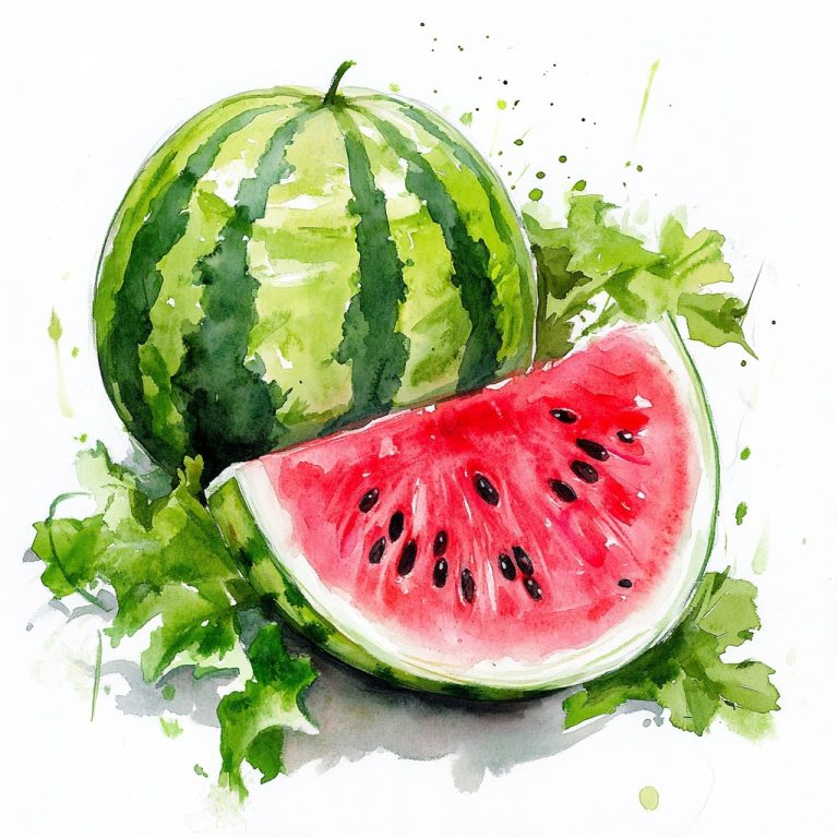 Vibrant Watermelon Slice A Watercolor Exploration with Lush Green Foliage on a Crisp White Canvas