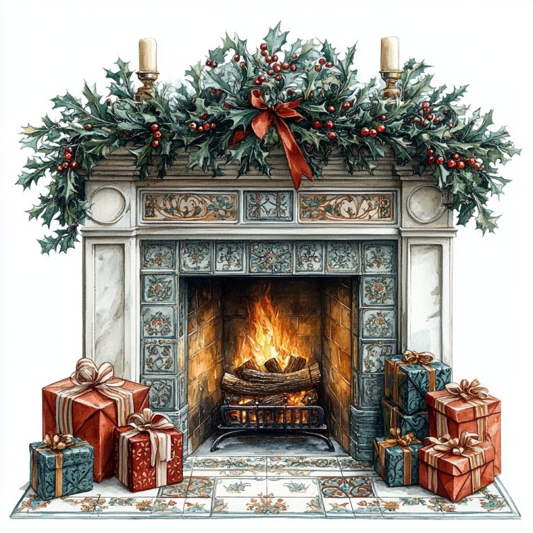 Vintage Christmas Fireplace Clipart 1