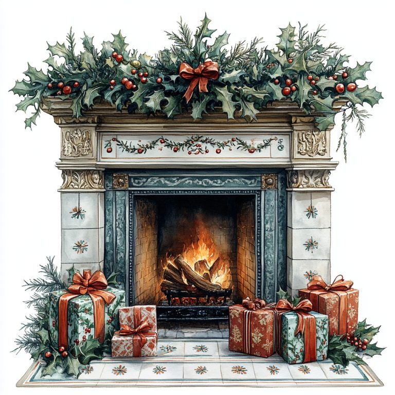 Vintage Christmas Fireplace Clipart 2