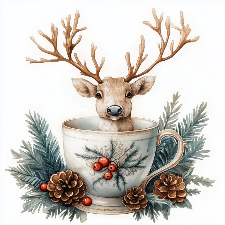 Vintage Cup with Reindeer Watercolor