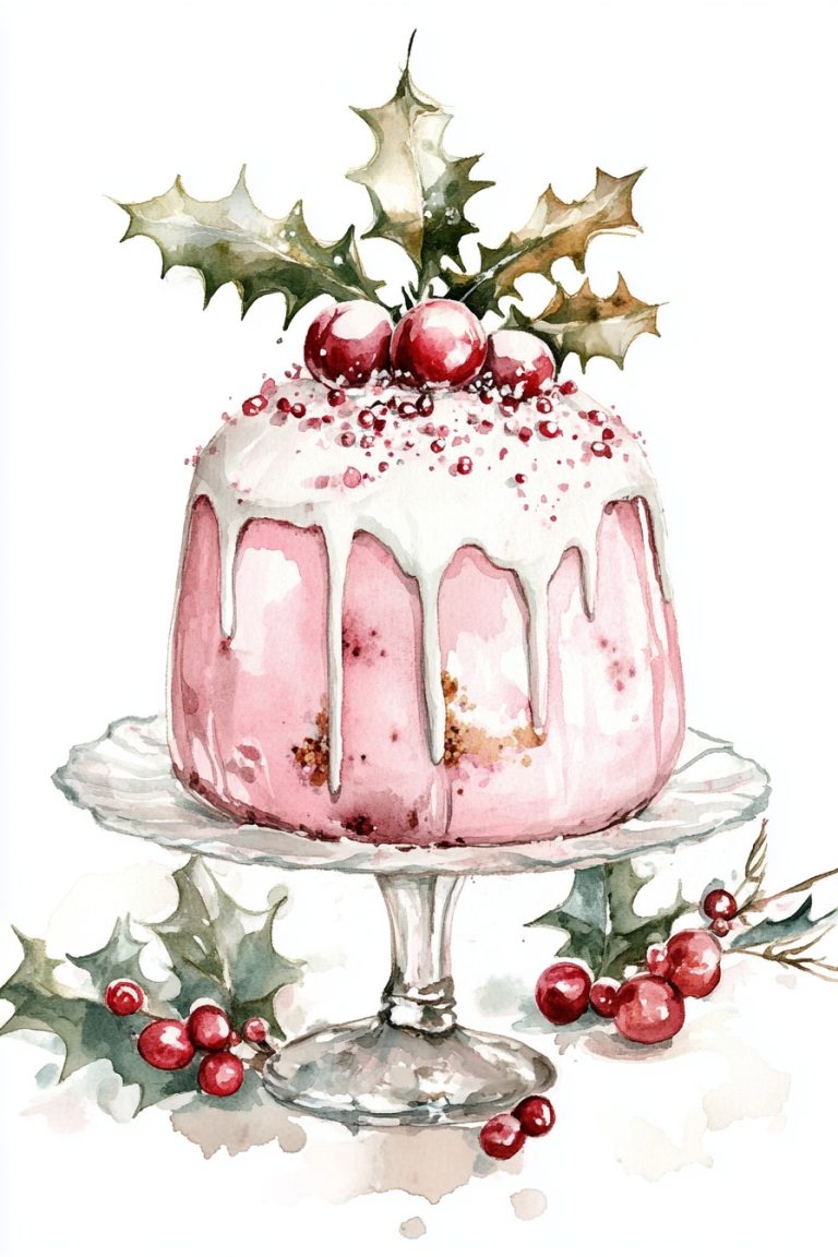 Vintage Pink Christmas Pudding Watercolor