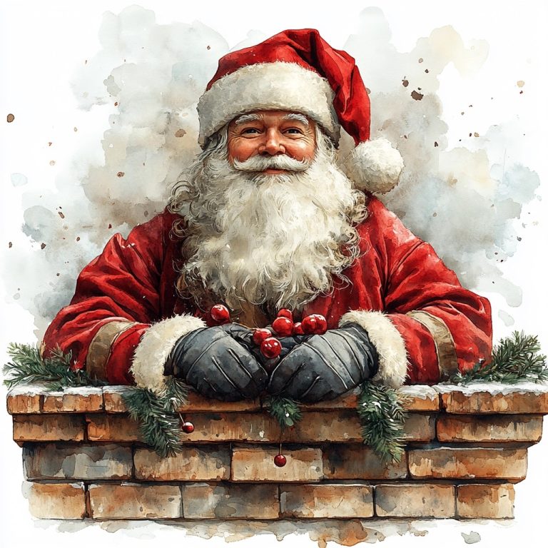Vintage Santa on Rooftop Watercolor