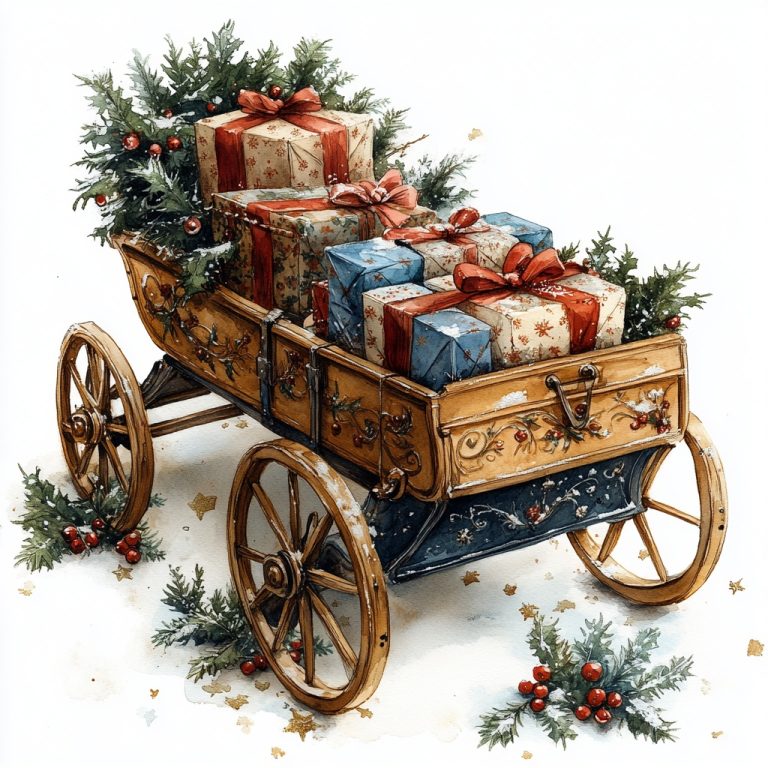 Vintage Sleigh with Gifts Watercolor