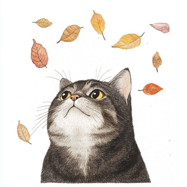 Vintage Watercolor Cat Autumn