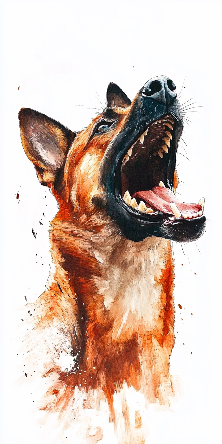 Vivid Watercolor Portrait of an Angry Dog in Natural Light Full Body Frontal View on a Crisp White Background