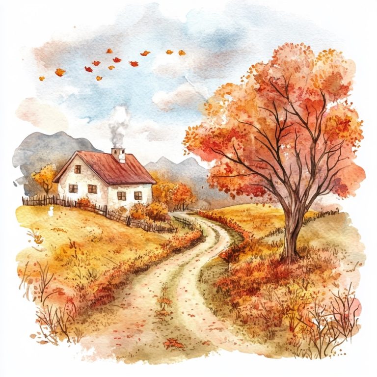 Watercolor Autumn House Landscape