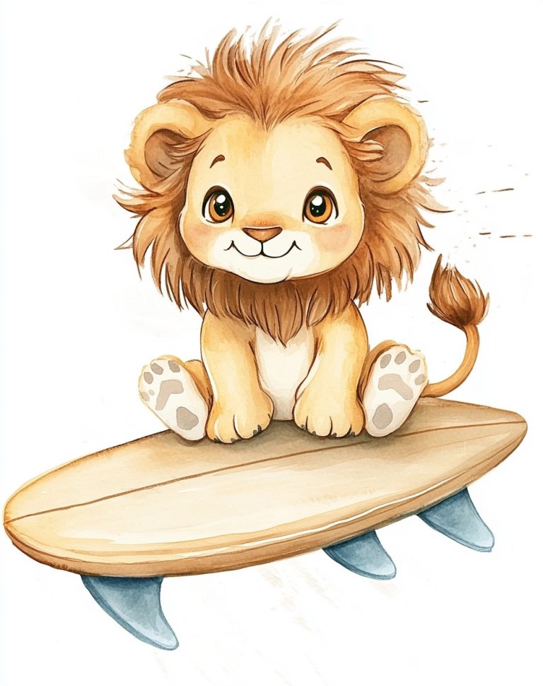 Watercolor Baby Lion Surfing