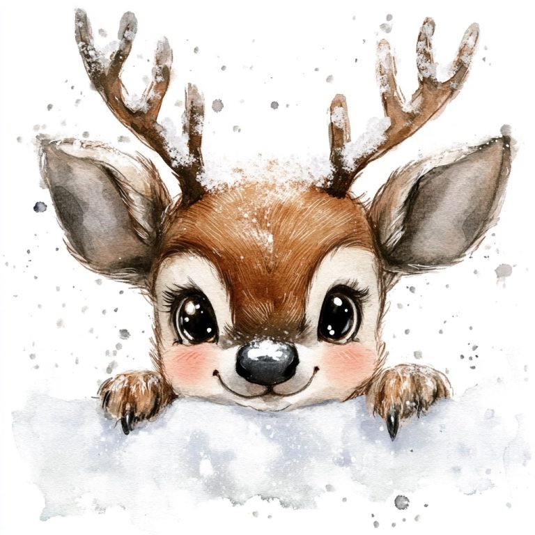 Watercolor Baby Reindeer Peeking