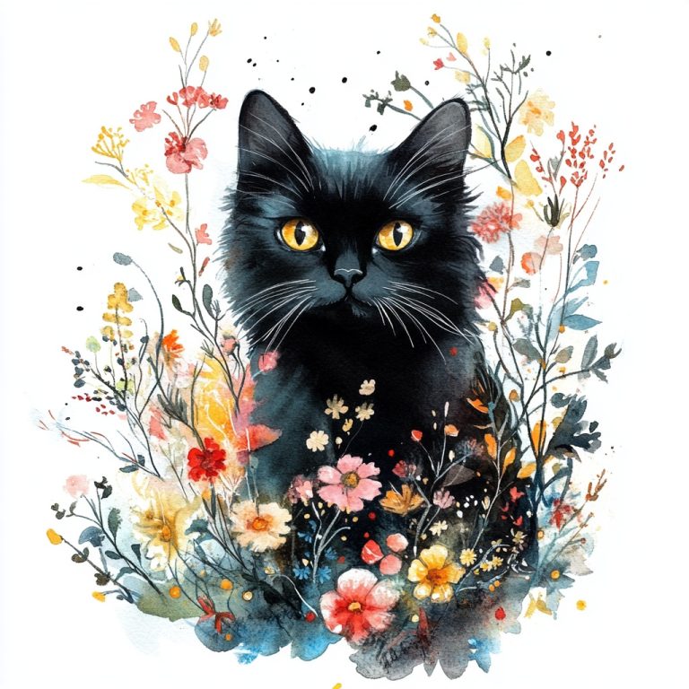 Watercolor Black Cat Florals