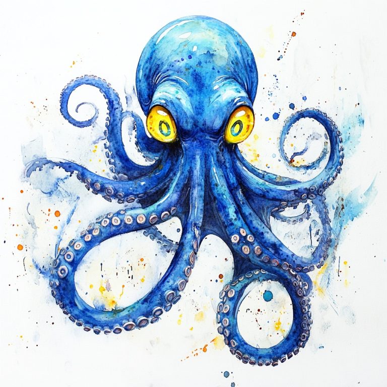 Watercolor Blue Octopus Portrait