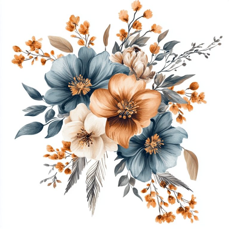 Watercolor Blue and Rust Flowers