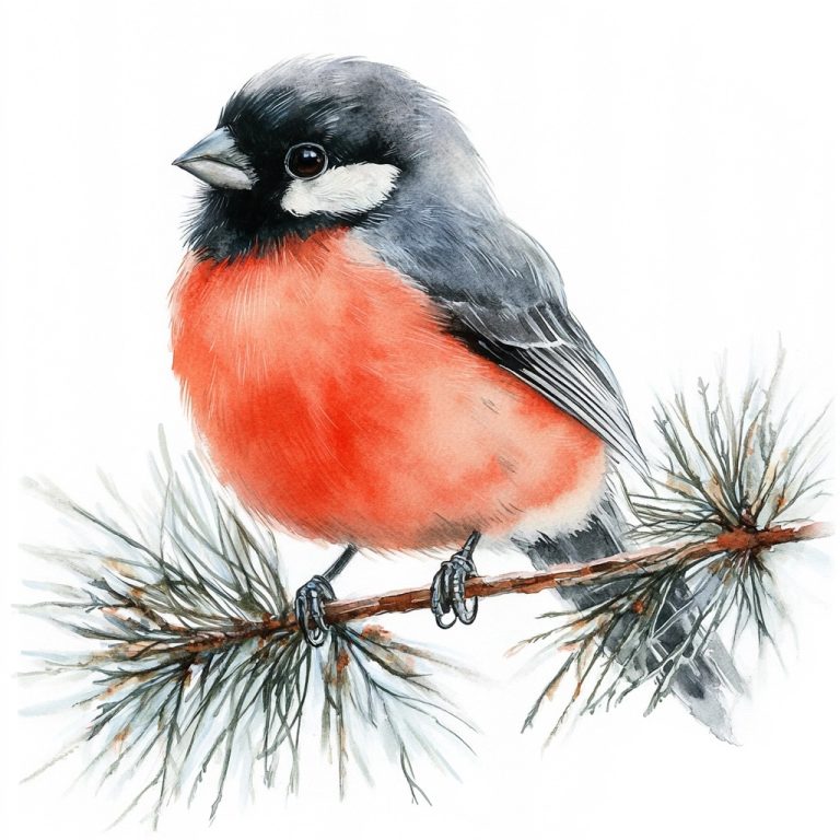 Watercolor Bullfinch on Pine