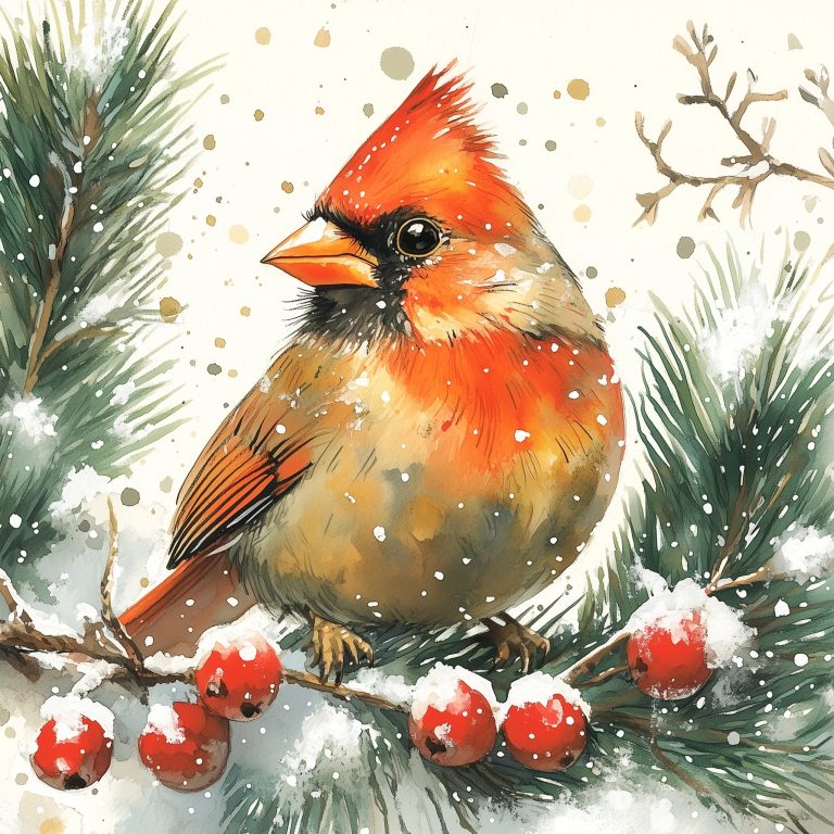 Watercolor Cardinal on Pine