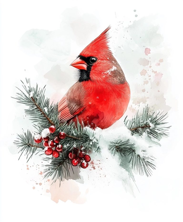 Watercolor Cardinal with Evergreen