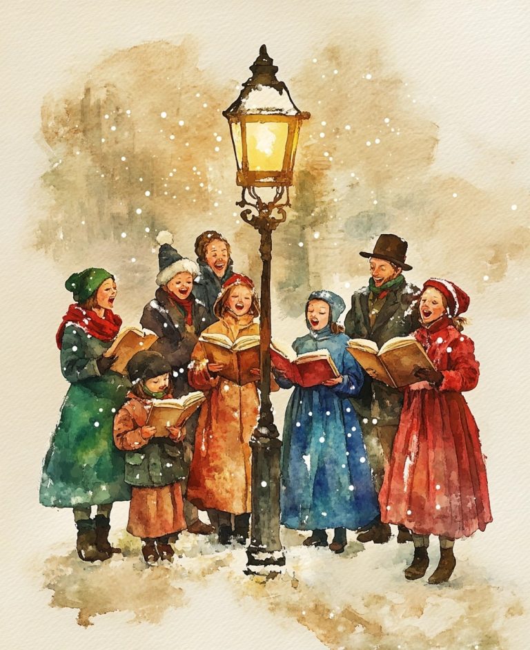 Watercolor Carolers Under Lamp