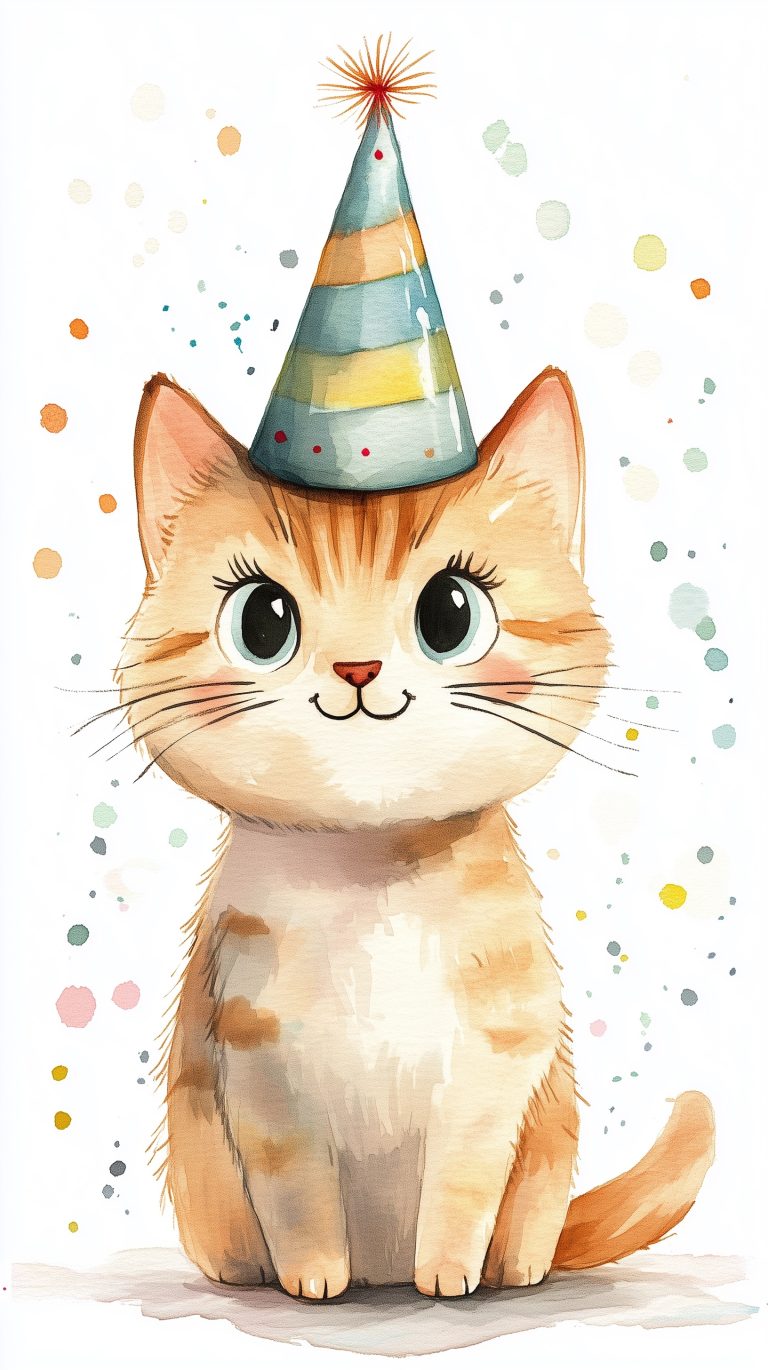 Watercolor Cartoon Cat Partyhat scaled