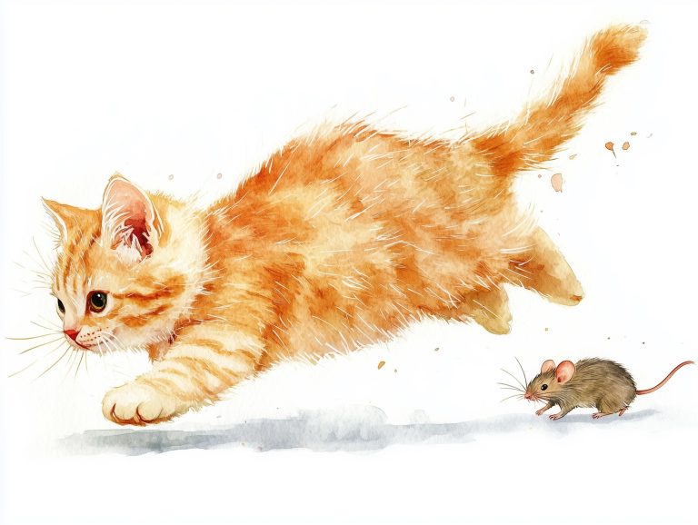 Watercolor Cat Chasing Mouse