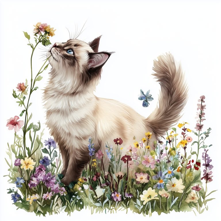 Watercolor Cat Sniffing Flowers