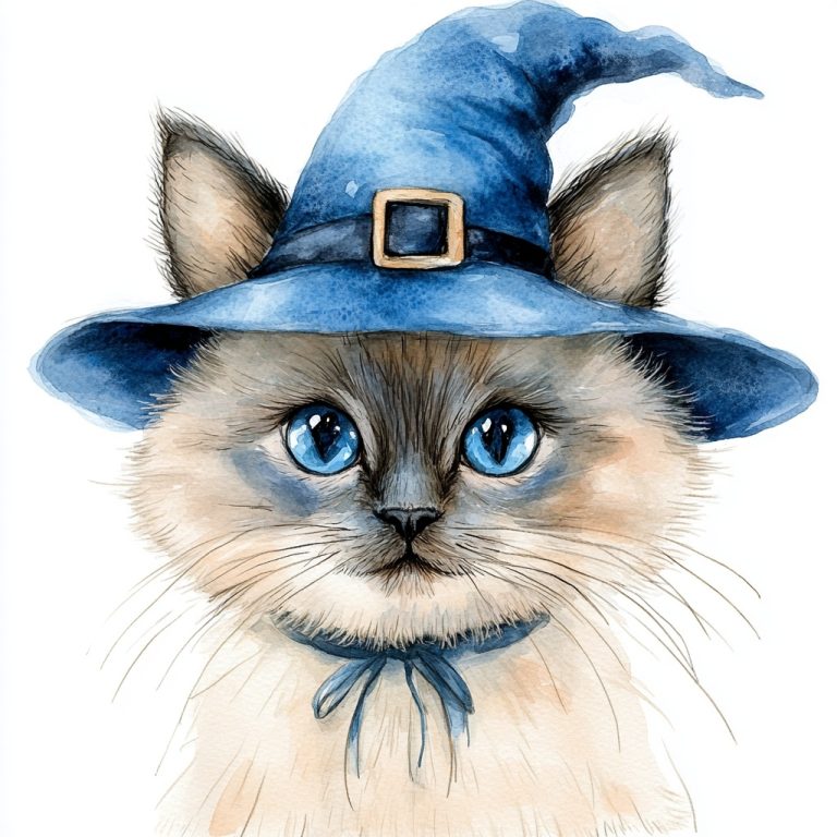 Watercolor Cat in Witch Hat