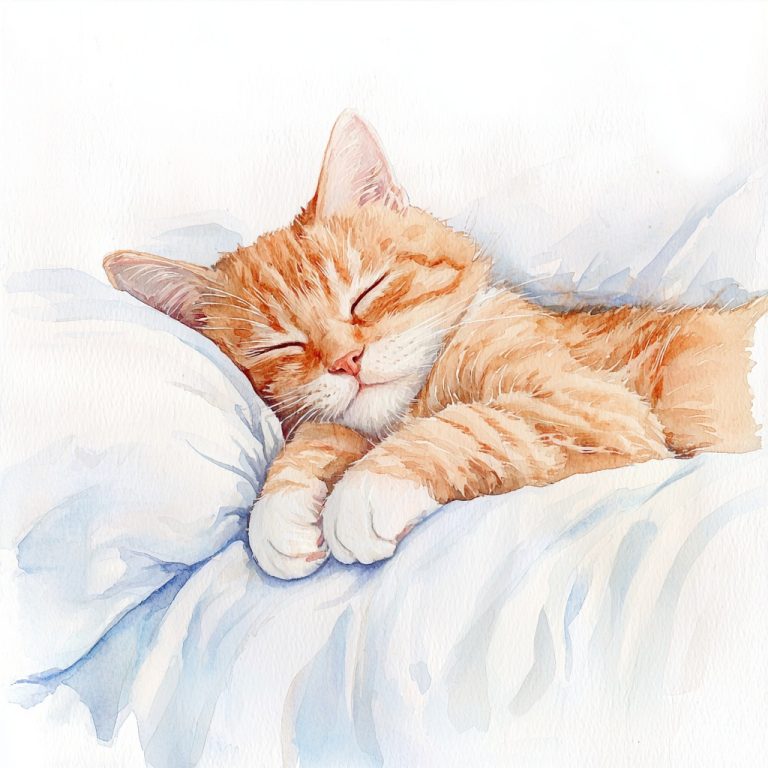 Watercolor Cat on Bedspread 1