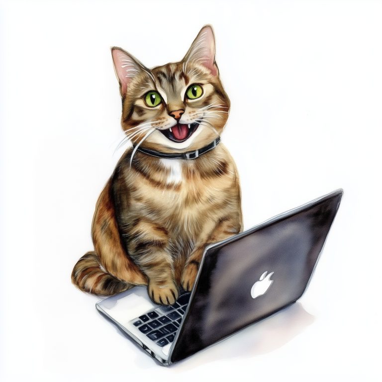 Watercolor Cat on Laptop