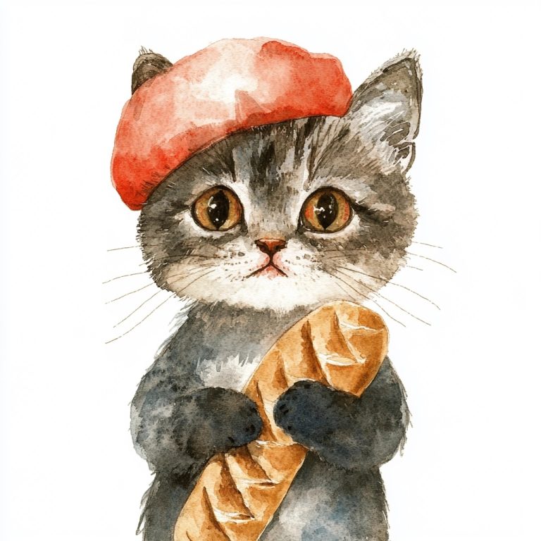 Watercolor Cat with Baguette