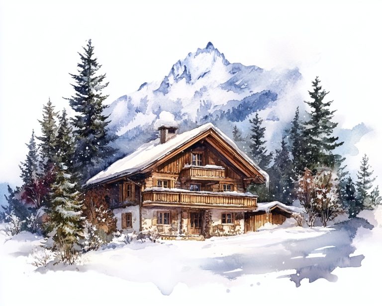 Watercolor Chalet in Mountains