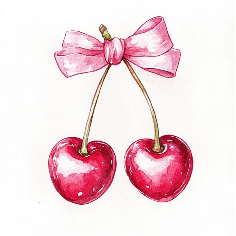 Watercolor Cherries with Bow