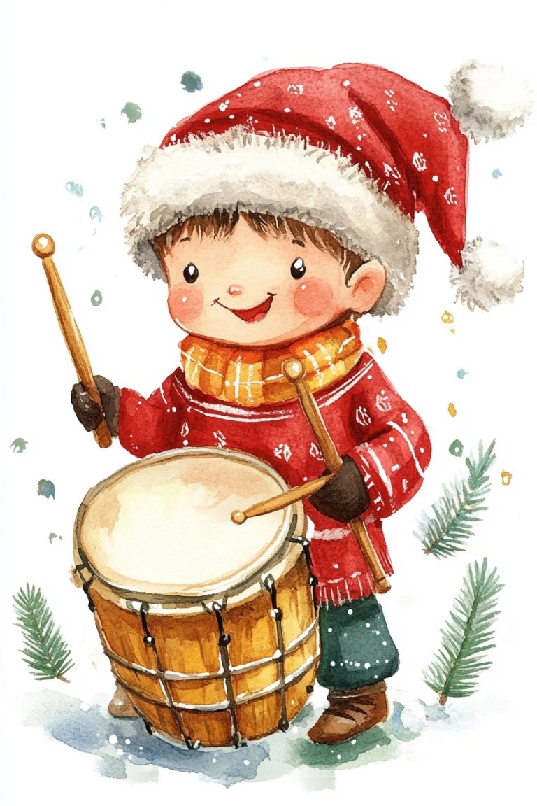 Watercolor Child Drumming Christmas